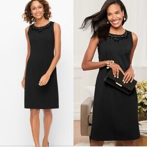 TALBOTS Dress Size 10 Bow Embroidered Cut Out Velvet Ponte Knit A-Line NWT Black